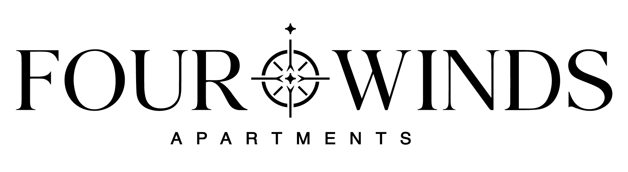The image shows a logo for "FOUR WINDS APARTMENTS" with a compass design element.